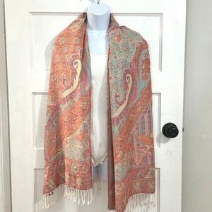 Vintage 100% Pashmina Paisley Floral Jacquard Shawl Wrap Scarf Turquoise Coral